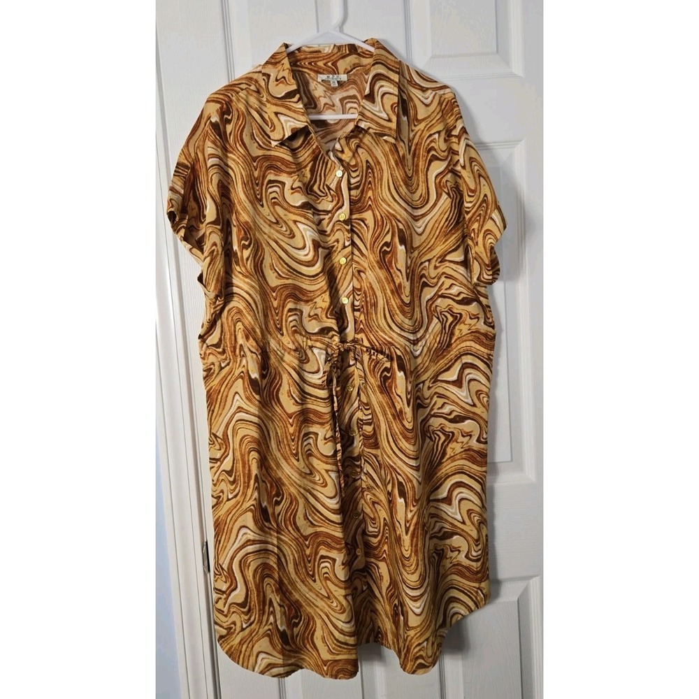MPH Collection Womans Short Sleeve Button Down Shirt Dress Plus Size 1X Brown